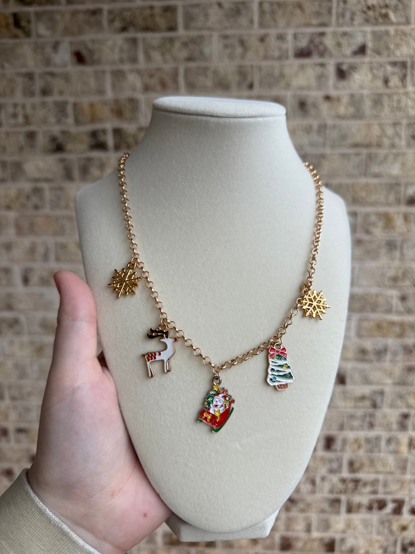 Christmas Charm Necklace- Sleigh Reindeer Tree + gold stud earrings
