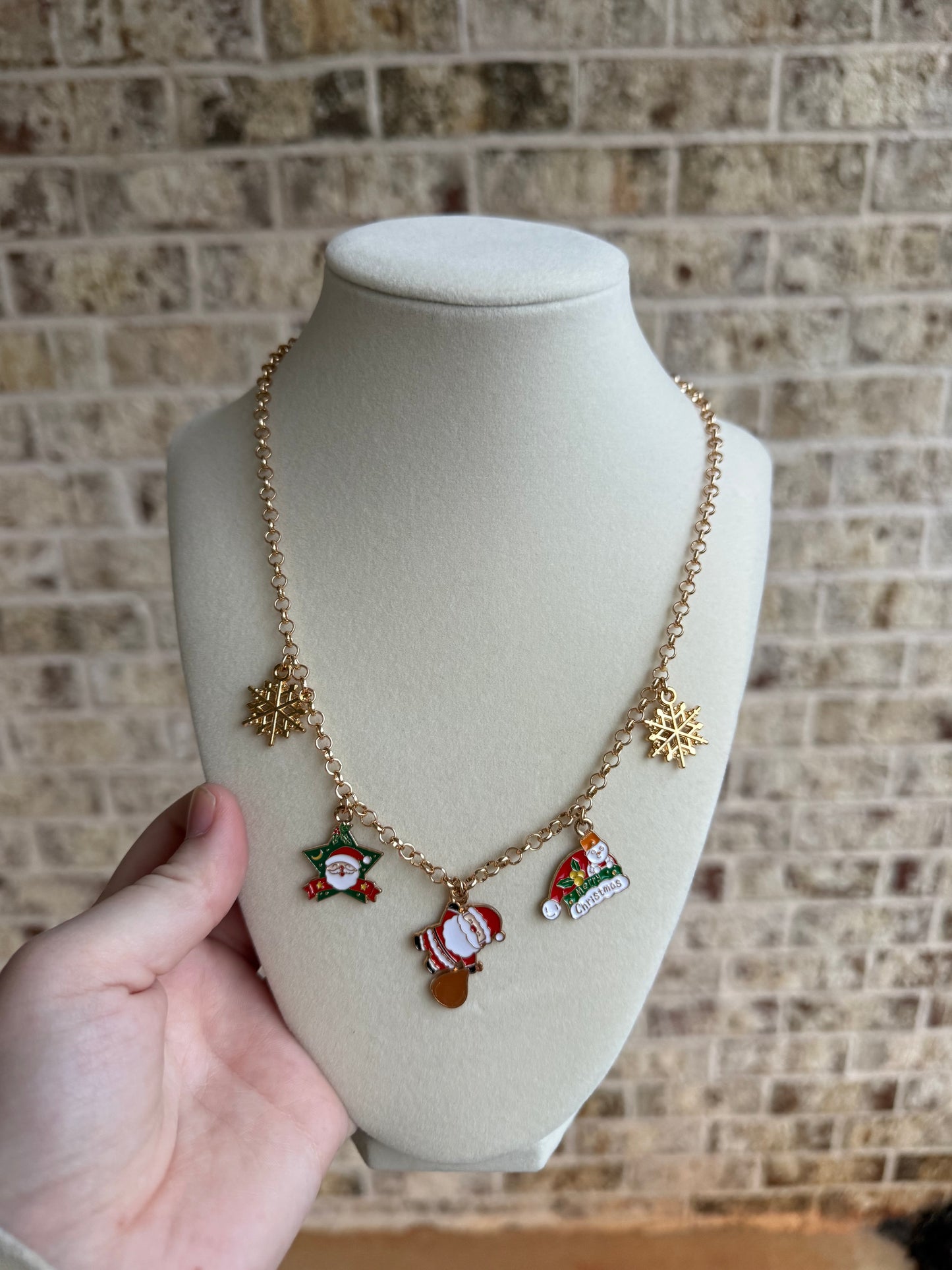 Christmas Charm Necklace- Santa Star Hat + gold stud earrings